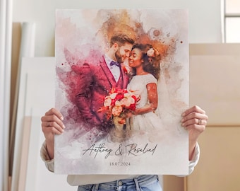 May include: A watercolor painting of a couple, a man and a woman, embracing. The painting is in shades of pink, red, and white. The couple is dressed in wedding attire. The text "Anthony & Rosalind 18.07.2024" is written below the couple.