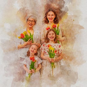 Puede incluir: Una pintura de acuarela de cuatro generaciones de mujeres sosteniendo ramos de tulipanes amarillos y naranjas. Las mujeres sonríen y miran a la cámara. El fondo es un suave lavado de acuarela de marrón claro y beige.