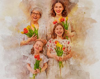 May include: A watercolor painting of four generations of women holding bouquets of yellow and orange tulips. The women are smiling and looking at the camera. The background is a soft, watercolor wash of light brown and beige.