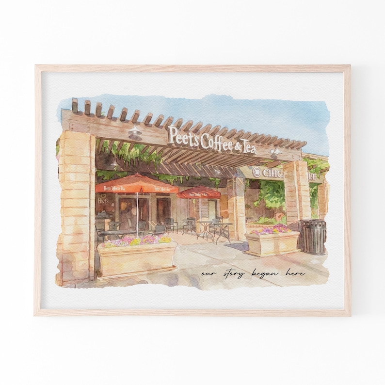 This custom portrait venue print blends your photo with a soft watercolor illustration of your first date location. Designed as a meaningful couple keepsake, it makes a thoughtful gift for him or her and a romantic reminder of where your story began.