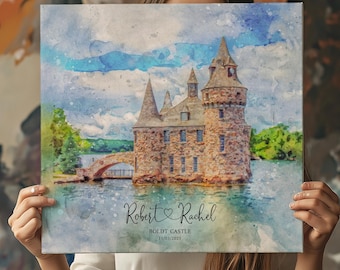 May include: A watercolor painting of Boldt Castle on Heart Island, New York. The castle is a large, stone structure with towers and a bridge leading to it. The painting is in shades of blue, green, and brown. The text "Robert ♥ Rachel" and "Boldt Castle 11/03/2025" is at the bottom of the painting.