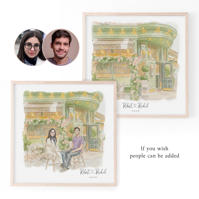 This portrait from photo captures your special place and transforms it into a custom watercolor couple drawing. Designed to reflect your first date memory, it becomes a personalized anniversary keepsake and Valentine’s Day gift that tells your love story through art and gentle watercolor textures.