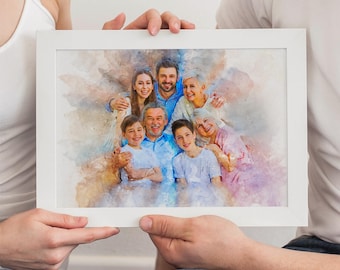 May include: A white framed watercolor portrait of a family, held by two people. The portrait features a group of people of varying ages, with a soft, colorful background. The family members are smiling and embracing each other.