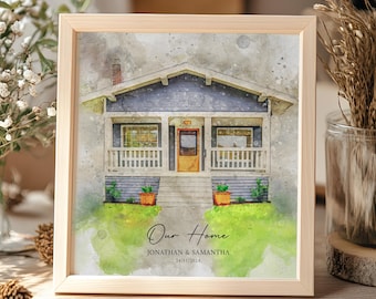 May include: A watercolor painting of a house with a porch and a green lawn. The house is painted in shades of blue and gray, with white trim. The text "Our Home" is written below the house, along with the names "Jonathan & Samantha" and the date "24/11/2024".