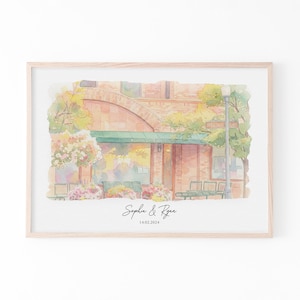 A romantic couple date portrait created in watercolor style from your photo and venue details. This personalized picture highlights the place where your story began, making it a meaningful first date gift, anniversary keepsake, or Valentine’s Day gift for couples who cherish memories.