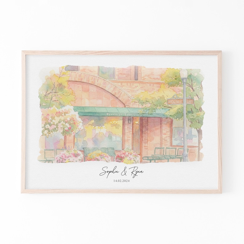 A romantic couple date portrait created in watercolor style from your photo and venue details. This personalized picture highlights the place where your story began, making it a meaningful first date gift, anniversary keepsake, or Valentine’s Day gift for couples who cherish memories.