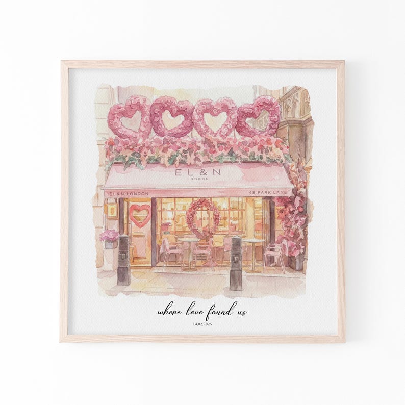 A hand-styled watercolor couple portrait based on your favorite memory and venue. This portrait venue print transforms your story into meaningful wall art, ideal as a Valentine’s Day gift, anniversary keepsake, or romantic surprise for couples who love personalized artwork.