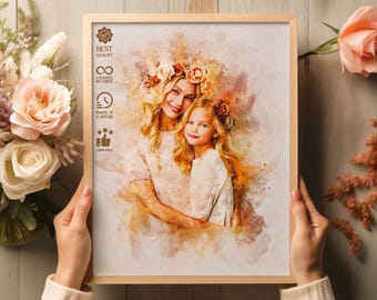 Retrato personalizado en acuarela a partir de una foto, arte familiar personalizado, regalo para el Día de la Madre