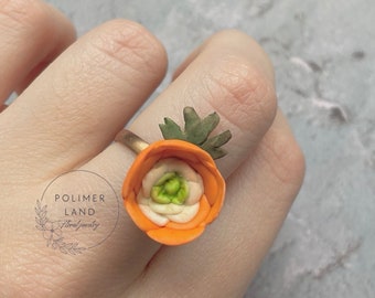 Anillo ranúnculo naranja de arcilla polimérica hecho a mano accesorio floral anillo de flores regalo para mamá hermana