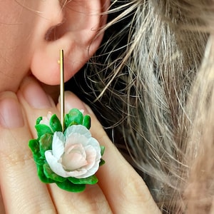 Clay Peony Dangle Earrings | Pink Peony Earrings, Pink Rose Earrings, Polymer Clay Floral Earrings, Handmade Clay Earrings, Gift for Her