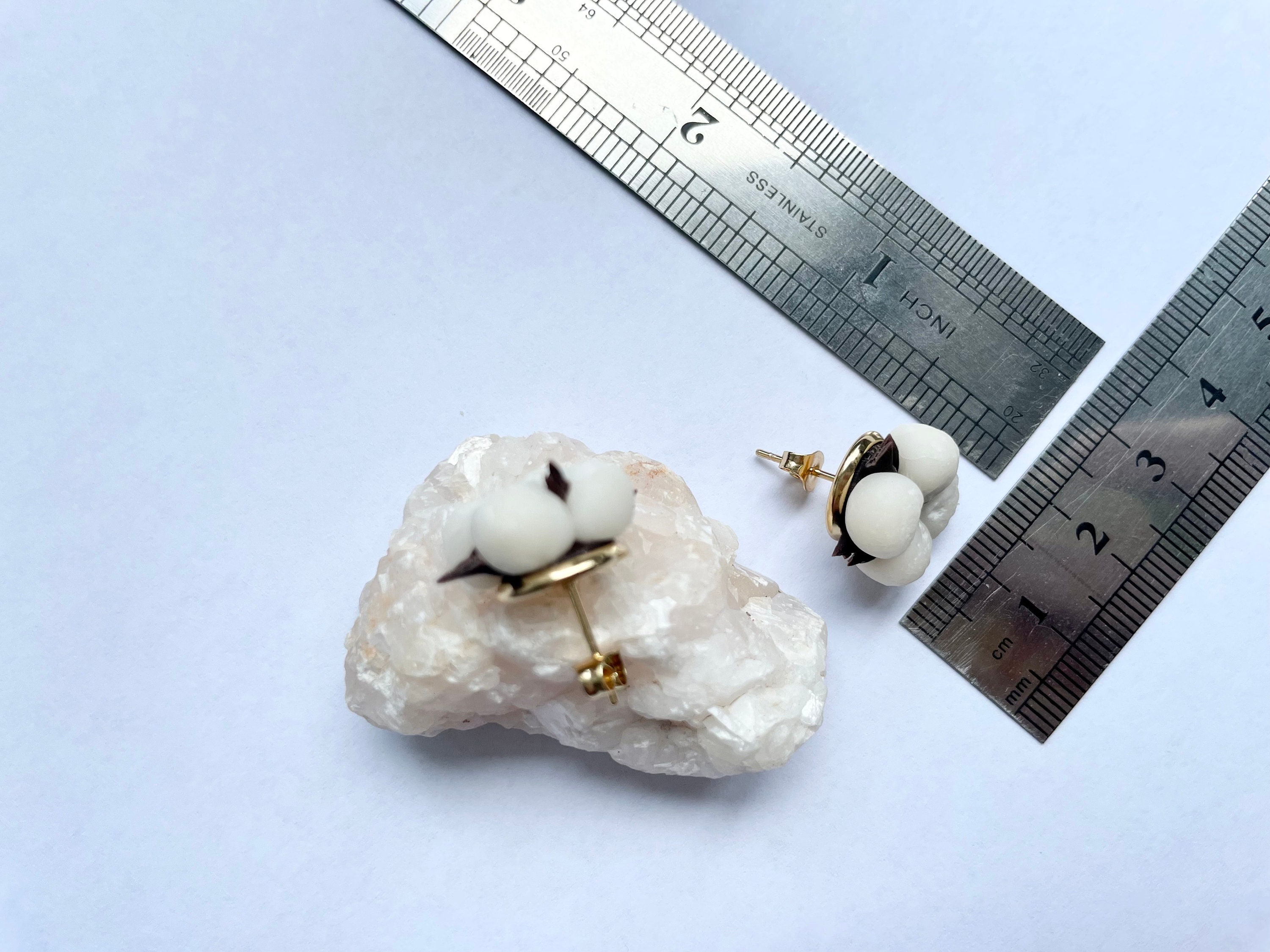 Cotton Flower Stud Earrings | Clay Flower Jewelry, White Floral