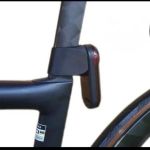 Op de afbeelding: Een zwarte fietszadelpen met een zwart en rood achterlicht dat eraan is bevestigd. Het licht is gemonteerd op een zwarte beugel.