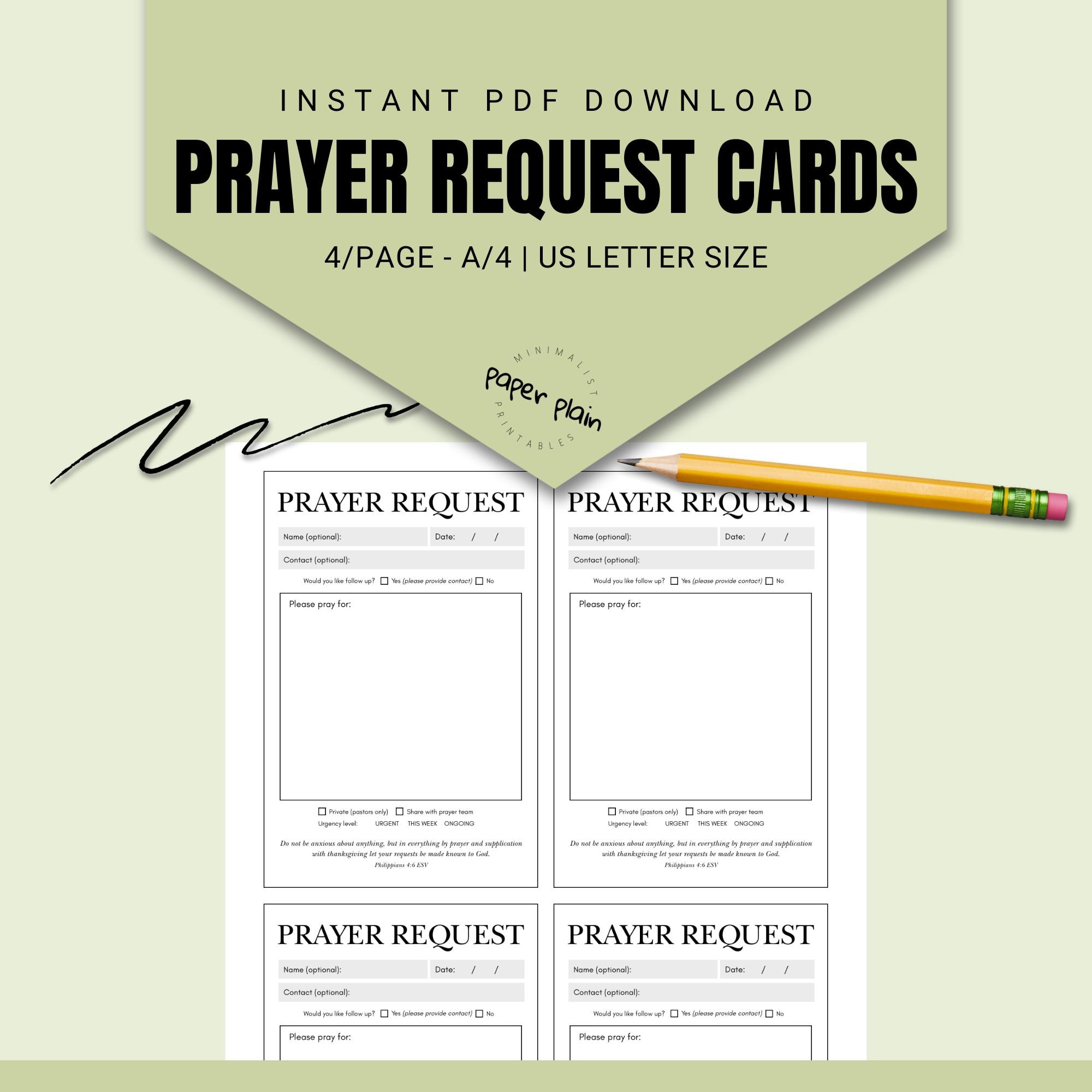 Prayer Request Cards – Printable Prayer Cards Sheet (4 per Page) | Prayer Card Template for Church, Bible Study, War Room, Journal