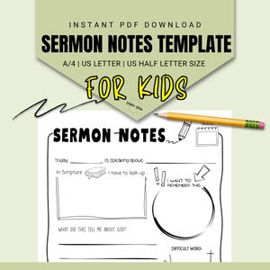 Notas de sermones para niños / Diario de notas de sermones / Cuaderno de notas de sermones para niños / Notas de la iglesia imprimibles para adolescentes y jóvenes