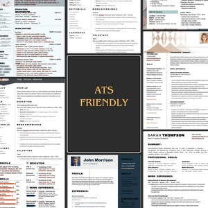 May include: A collage of different resume templates with various layouts and designs. The text "ATS Friendly" is displayed in the center of the image.