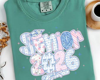 Comfort Colors Senior 2026 Shirt, Coquette Bow Graduation Tee, Class of 2026 Gift, Shabby Chic Floral Grad Shirt, Patchwork Senior Tee