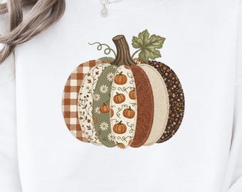 Faux Patchwork Pumpkin Sweatshirt, Rustic Autumn Pullover, Cute Quilted Pattern Sweater, Vintage Thanksgiving Crewneck, Cozy Fall Sweatshirt