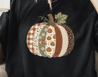 Faux Patchwork Pumpkin Comfort Colors Shirt, Vintage Fall Tee, Quilted Pattern Tee, Autumn Thanksgiving T-Shirt, Cottagecore Pumpkin Tshirt