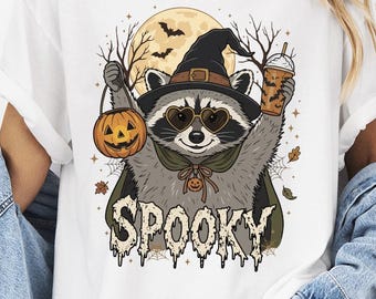 Comfort Colors Spooky Raccoon Halloween T-Shirt, Retro Halloween Party Tee, Here For The Boos Shirt, Raccoon Lover Gift, Fall Spooky Tee