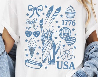Patriotic Doodle Shirt, Comfort Colors 4th of July Bow Tee, Statue of Liberty T-Shirt, Red White Blue Coquette Tee, Summer Holiday Tshirt