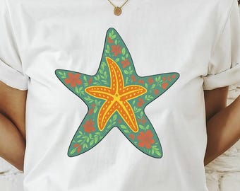 Summer Starfish Shirt, Retro Beach Graphic Tee, Ocean Life T-Shirt, Coastal Vacation Tshirt, Cute Nautical Sea Star Women Gift