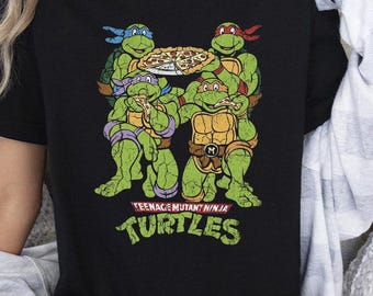Retro Green Ninja Pizza Party Shirt, Distressed 90s Cartoon Tee, Vintage Style Mutants Graphic Tshirt, Nostalgic Hero Pizza Lover Gift Idea