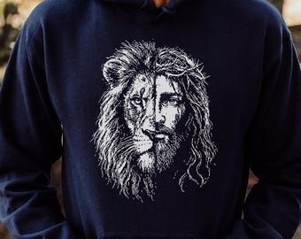 Christian Lion Hoodie, Retro Halftone Jesus Hooded Sweater, Lion of Judah Graphic Hoodie, Religious Gift, Faith Hoodie,Spiritual Lion Hoodie
