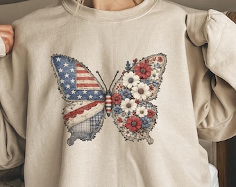 American Flag Butterfly Sweatshirt, Patriotic Butterfly Sweater, USA Pride Sweater, Independence Day Sweater, Summer USA Sweater