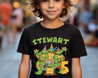 Custom Pizza Party Birthday T-shirt, Custom Turtles Birthday T-shirt, Green Turtles Birthday Boy T-shirt, Turtles Birthday Boy T-shirt Gift