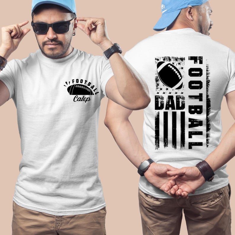 May include: Two white t-shirts with a black football design. One shirt has the text "Football Dad" with an American flag design. The other shirt has the text "Football Caleb" with a football graphic.