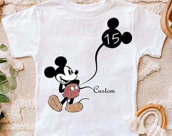 Custom Kid Name Age Mickey Mouse With Balloon T-Shirt,Cute Disney T-Shirt,Personalized Birthday Gift, Disneyland 2025,Custom Name and Age