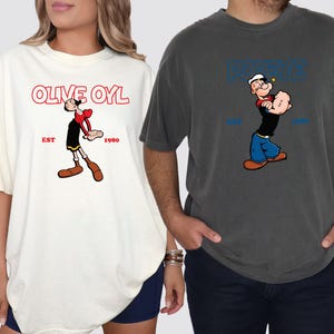 Classic Popeye Couple T-shirt,Popeye and Olive T-shirt,Cartoon Characters T-shirt, Vintage Cartoon  T-shirt,Nostalgic Cartoon Lovers Tee