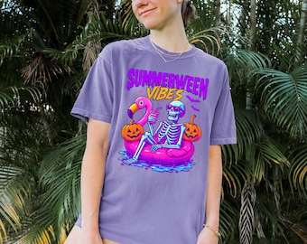 Summerween Vibes T-shirt, Funny Skeleton Float Halloween in Summer T-shirt,Spooky Flamingo Pool Ghost Pumpkins Creepy T-shirt,Spooky Summer