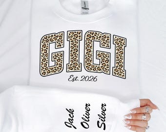 Custom Leopard Gigi Sweatshirt with Kids Names, Personalized Gigi Sweater, Grandma Gift, Leopard Print Gigi Sweater, Mother's Day Gift