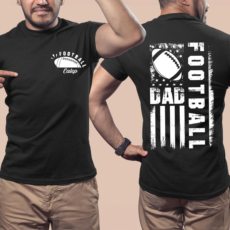 May include: Black t-shirt with a white football graphic and the text "Football Dad" with a distressed American flag design.