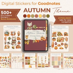 Adesivos digitais estéticos de outono, estações do ano, Goodnotes pré-cortados - Adesivos para iPad desenhados à mão, planejamento digital decorativo e funcional