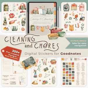 May include: A set of digital stickers for Goodnotes featuring watercolor illustrations of cleaning supplies, chores, and home decor. The stickers are pre-cropped and come with bonus notebooks. The text "Chores & Cleaning" is featured on the image.