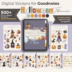 Könnte beinhalten: Digitale Halloween-Sticker für Goodnotes mit Kürbissen, Hexen, Geistern und anderen gruseligen Elementen. Enthält vorgeschnittene Designs und Bonus-Notizbücher. Das Bild zeigt ein Tablet mit einem Stickerbuch und mehreren Stickerbögen.