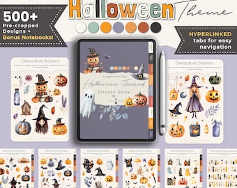 May include: Digital Halloween-themed stickers for Goodnotes, featuring pumpkins, witches, ghosts, and other spooky elements. Includes pre-cropped designs and bonus notebooks. The image shows a tablet with a sticker book and several sticker sheets.