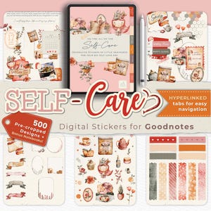 以下が含まれることがあります： セルフケアをテーマにしたGoodnotes用のデジタルステッカー。画像には、「Self-Care」と書かれたピンク色のカバーが付いたタブレットが表示されています。リボン、花の要素、テキストラベルなど、さまざまなデザインのステッカーシートもあります。テキストには「500個のプレクロップデザイン+ボーナスノートブック！」と書かれています。