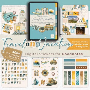 May include: Digital stickers for Goodnotes with a travel theme. The image features a tablet with travel-themed illustrations, including a compass, suitcase, and airplane. Additional stickers include a calendar, alphabet, and decorative tape.