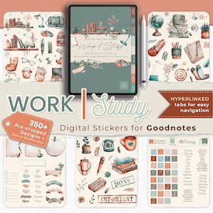 Pode incluir: Autocolantes digitais para Goodnotes com tema de trabalho e estudo. A imagem apresenta um tablet com uma caneta, rodeado por folhas de autocolantes com ilustrações em aquarela de material de escritório, calendários e elementos decorativos. O texto inclui "Work & Study" e "350+ Pre-cropped Designs".