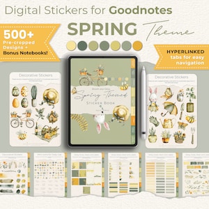 Pegatinas digitales con temática de primavera, recortadas previamente para Goodnotes: pegatinas de planificador para iPad dibujadas a mano, estéticas, PNG, con cuaderno digital BONUS