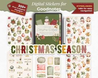 May include: Digital stickers for Goodnotes app, featuring a Christmas theme with watercolor illustrations of ornaments, snowmen, candy canes, and other festive elements. The stickers are pre-cropped and come with bonus notebooks.
