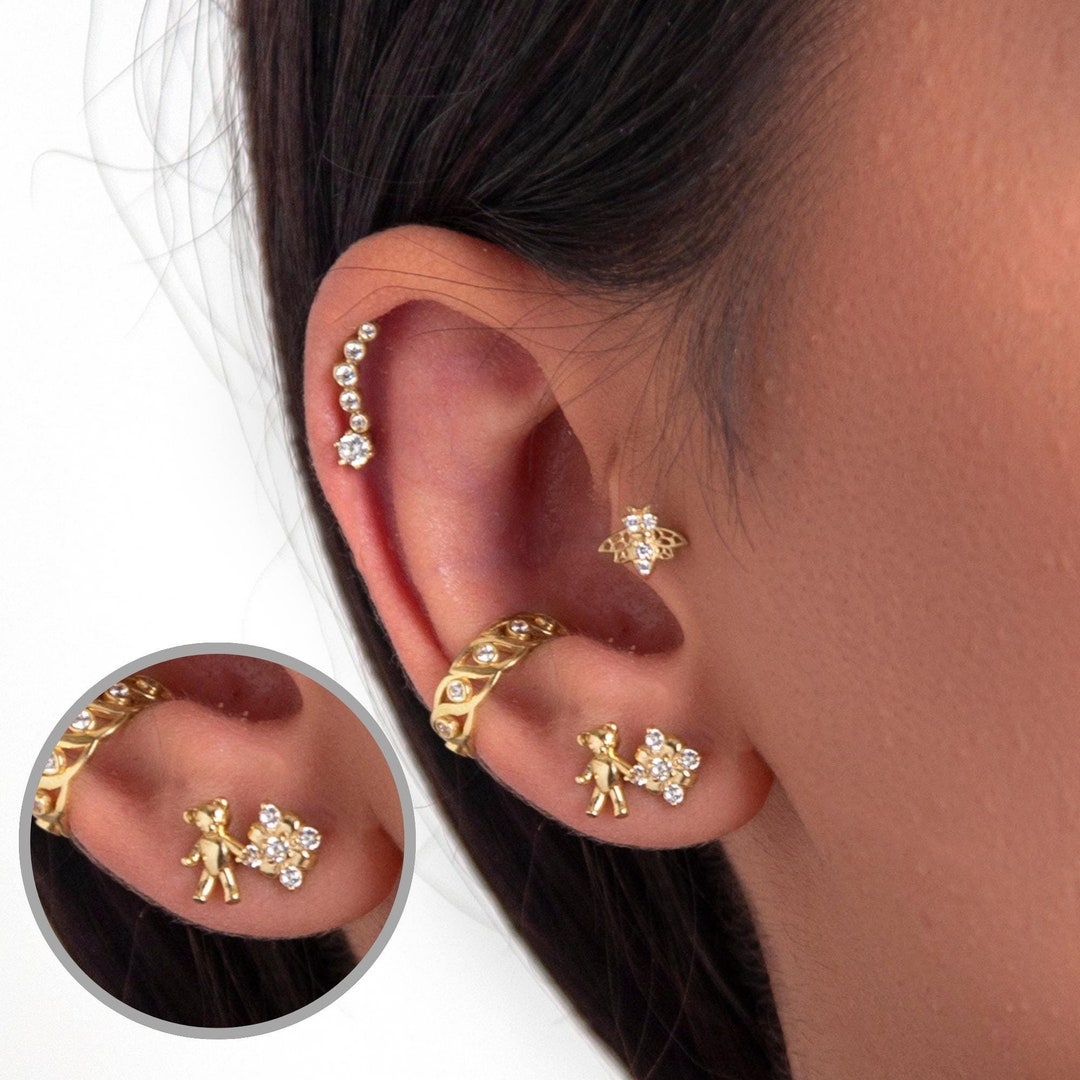 14K REAL Solid Gold Teddy Bear Piercing, Dainty Gold Piercing, Solid ...
