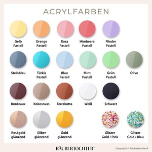 May include: A chart of acrylic paint colors in various shades, including pastels, metallics, and glitters. The colors are arranged in rows and labeled with their names in German. The chart is titled "Acrylfarben" and includes the brand name "R&auml;ubertochter".