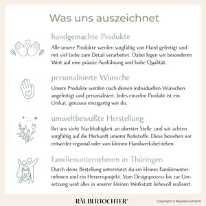 May include: A cream-colored graphic with text in German. The text highlights handmade products, personalized wishes, environmentally conscious production, and family business in Thuringia. The logo is at the bottom.