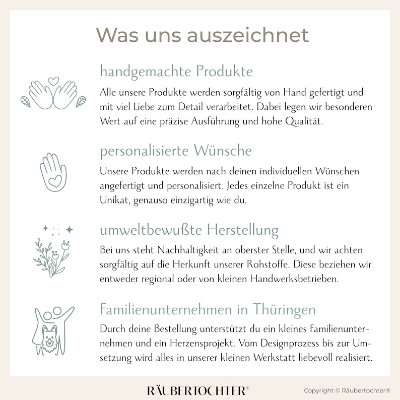 May include: A cream-colored graphic with text in German. The text highlights handmade products, personalized wishes, environmentally conscious production, and family business in Thuringia. The logo is at the bottom.