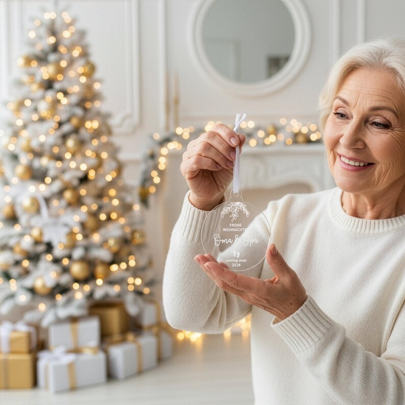 May include: A clear, round Christmas ornament with white text and a floral design is held up by a person. The ornament has the words "Frohe Weihnachten" and "Oma & Opa" on it, along with the year 2024. A Christmas tree with gold lights is in the background.
