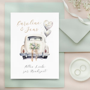 Glückwunschkarte Hochzeit, Hochzeitswünsche Karte, Karte zur Hochzeit personalisiert mit Hochzeitsauto, Hochzeitsgeschenk Karte